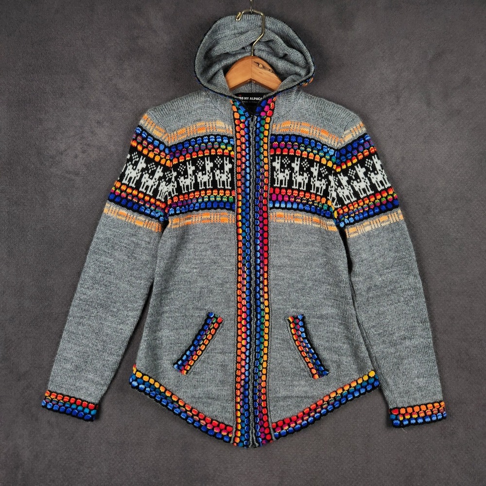 Peruvian Alpaca Full‎ Zip Hoodie Womens Medium Gray Llama Fair Isle Knit Sweater